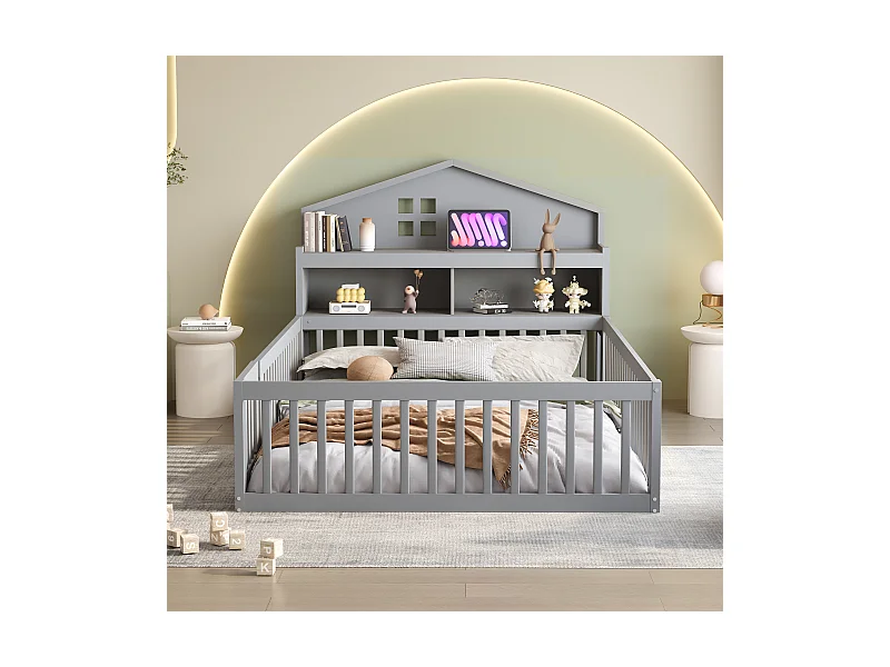 Lit enfant 140x200 cm en bois massif, structure maison avec étagères, barrière et porte, avec images, gris