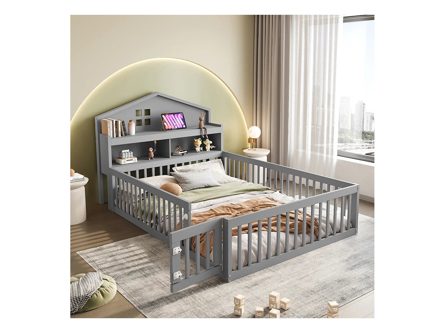 Lit enfant 140x200 cm en bois massif, structure maison avec étagères, barrière et porte, avec images, gris