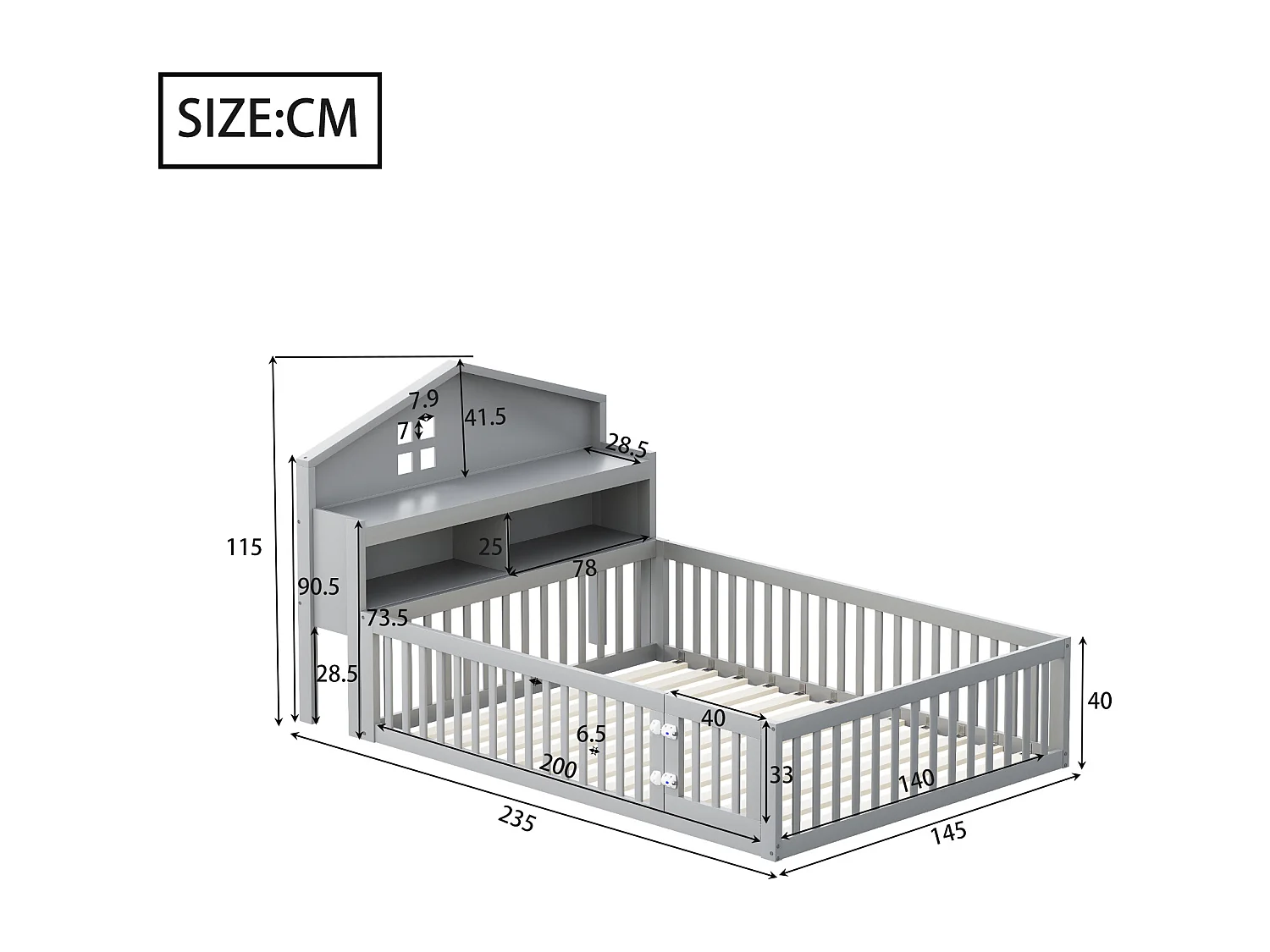 Lit enfant 140x200 cm en bois massif, structure maison avec étagères, barrière et porte, avec images, gris