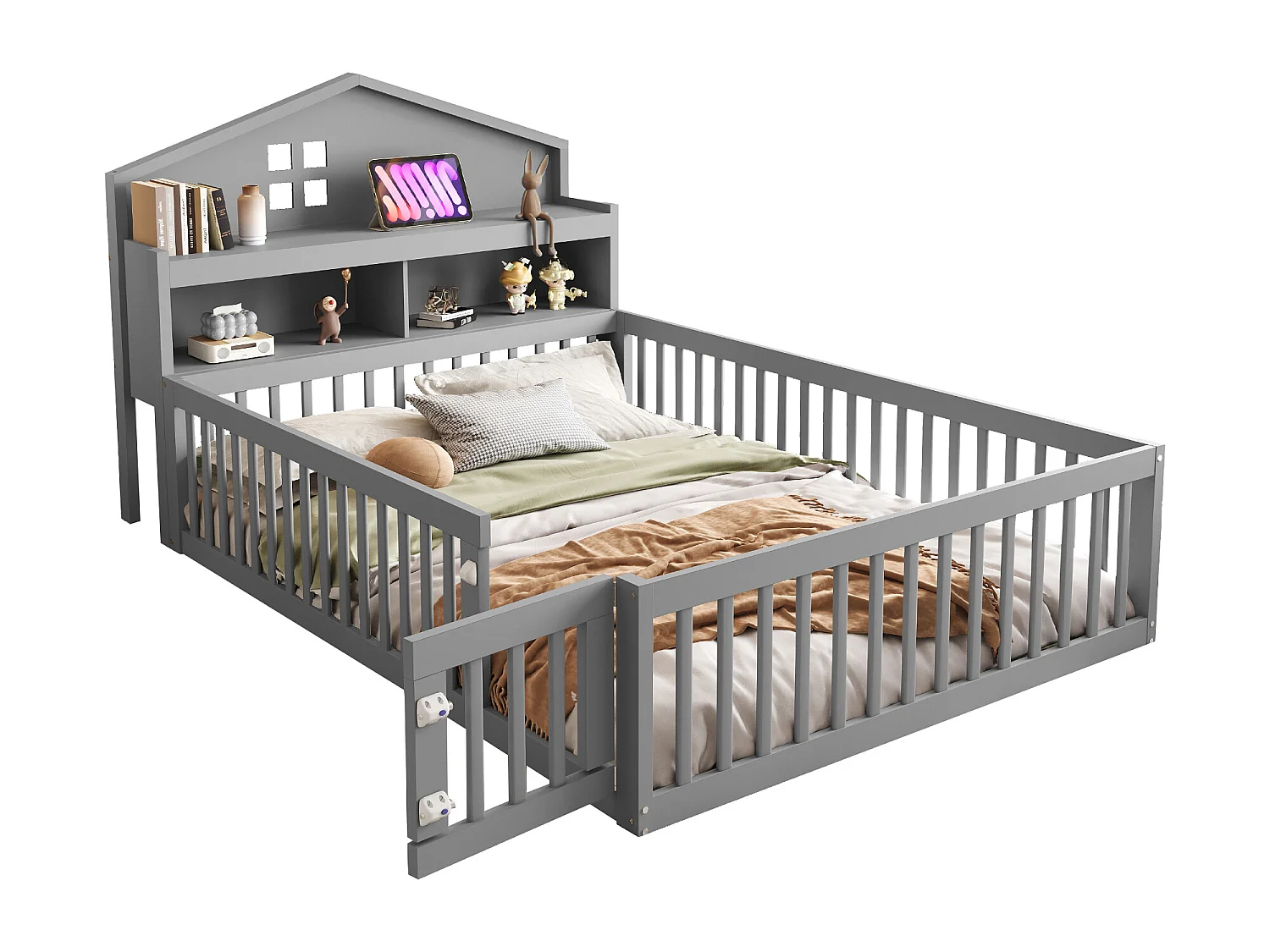 Lit enfant 140x200 cm en bois massif, structure maison avec étagères, barrière et porte, avec images, gris