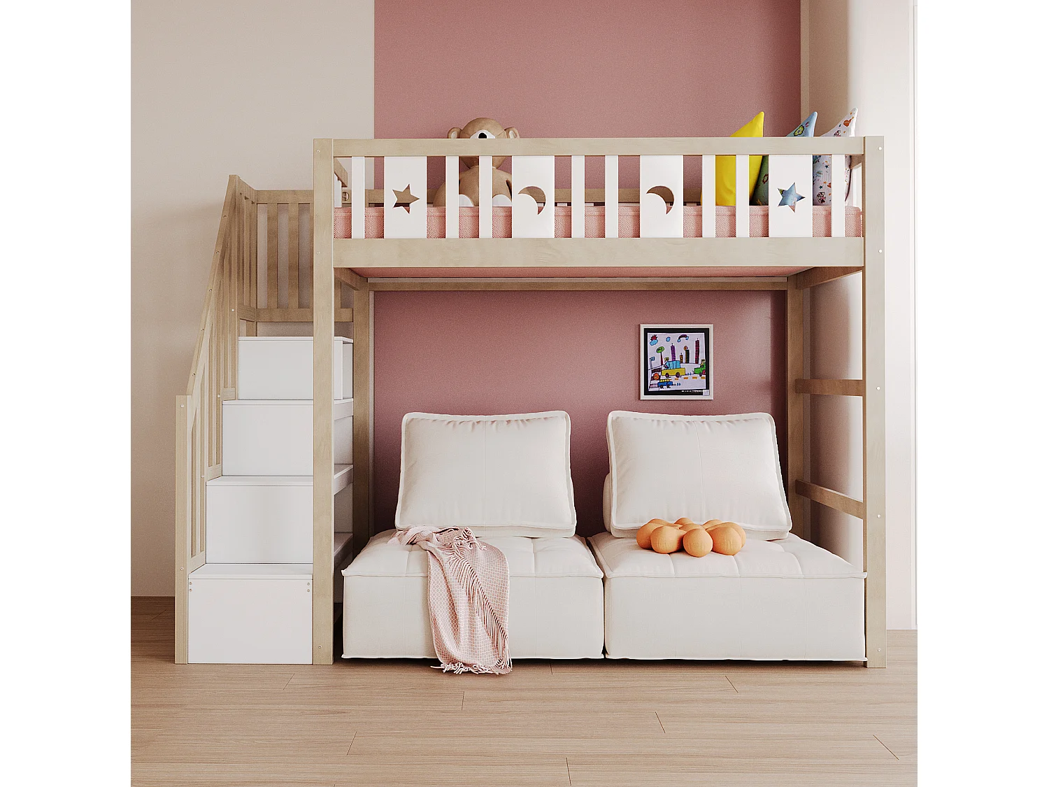 Lit mezzanine 90x200 cm, bois massif, échelle avec rangement, barrières de sécurité, décoration étoiles et lune, lit enfant, bois naturel