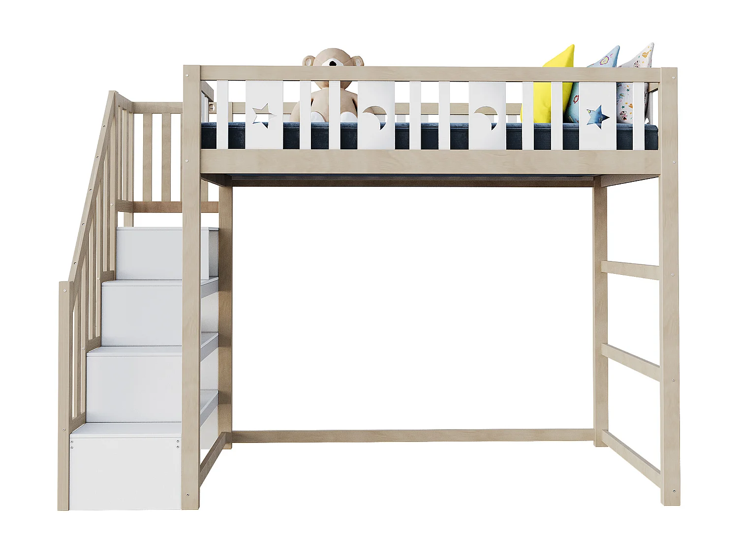 Lit mezzanine 90x200 cm, bois massif, échelle avec rangement, barrières de sécurité, décoration étoiles et lune, lit enfant, bois naturel