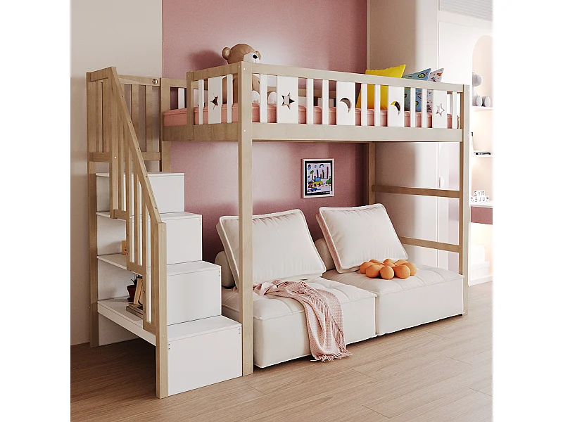 Lit mezzanine 90x200 cm, bois massif, échelle avec rangement, barrières de sécurité, décoration étoiles et lune, lit enfant, bois naturel