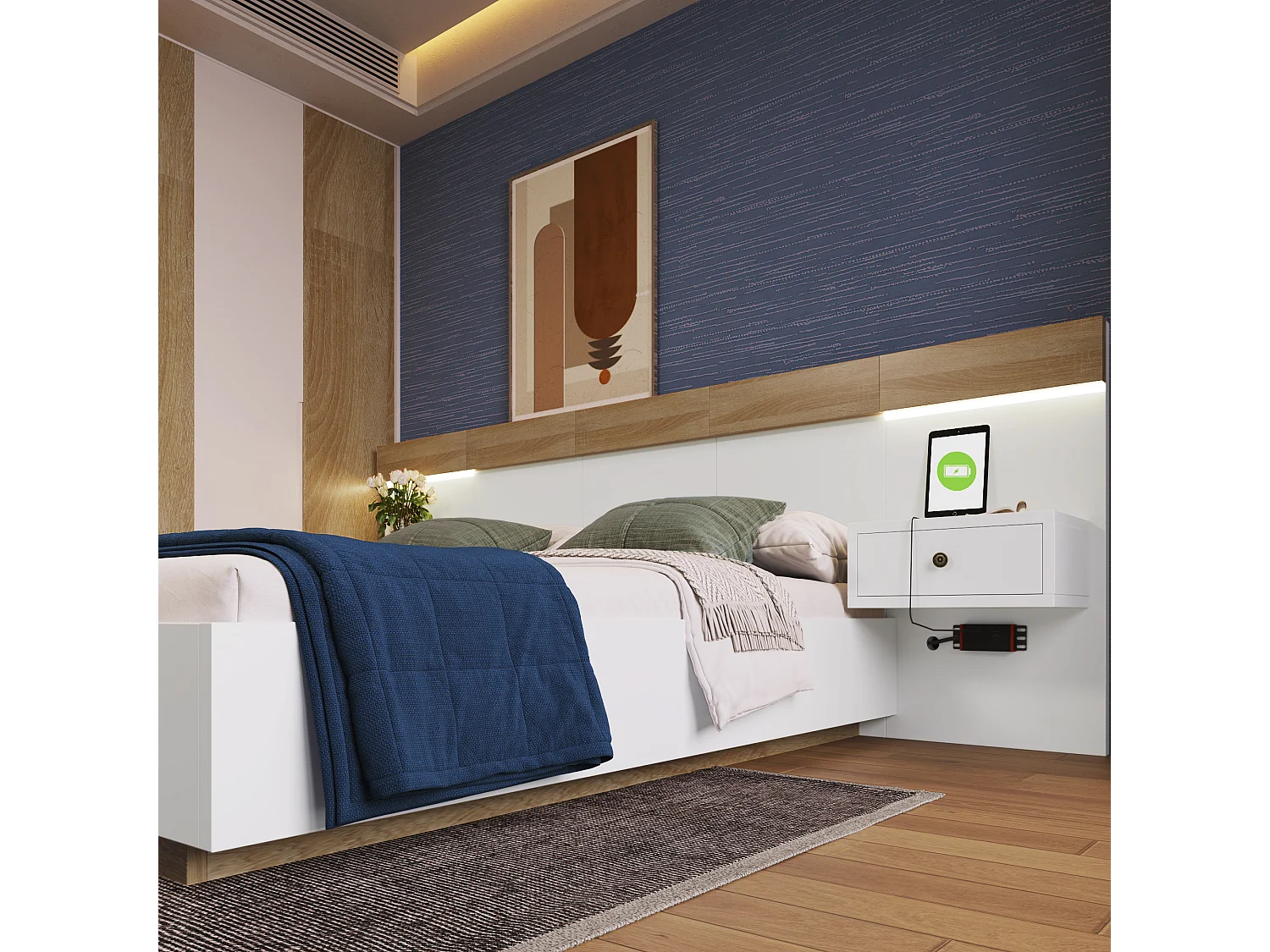 Lit double complet avec tête de lit LED, 2 tables de nuit et ports USB-C, 140×200 cm, chêne sonoma/blanc