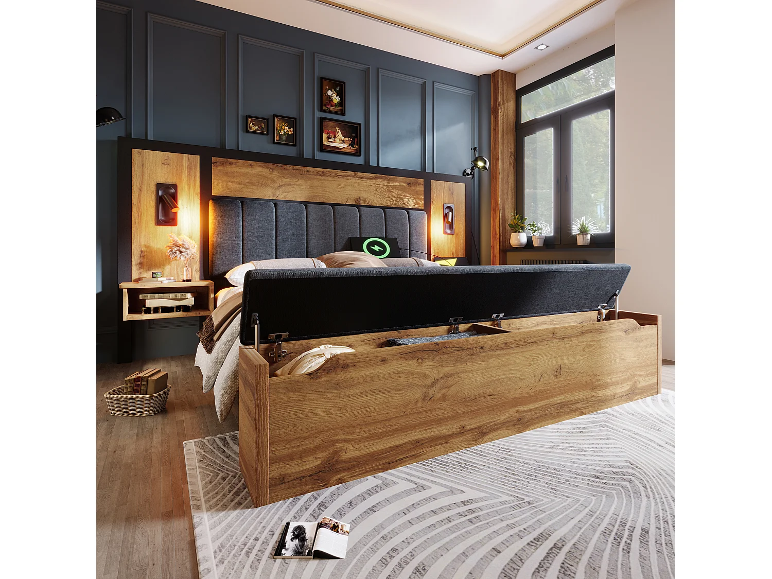 Lit tapissé 160x200 cm, lampe lecture, USB-C, table de chevet et banquette avec rangement, métal/bois/lin, chêne (Avec matelas)