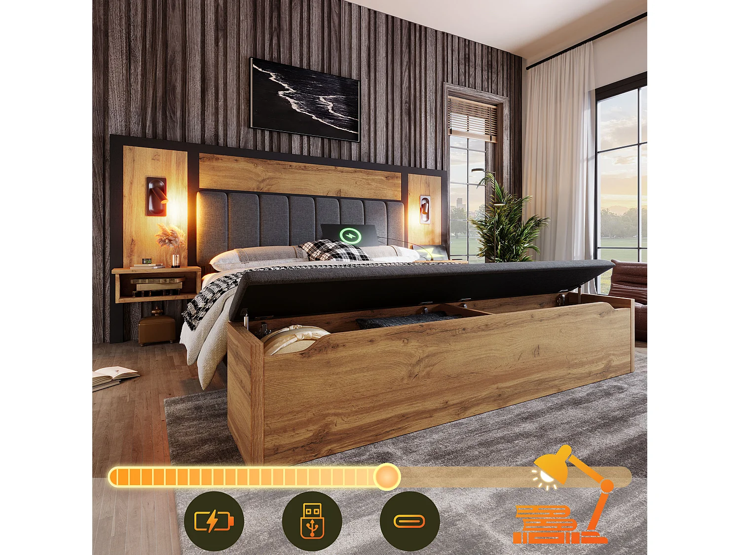 Lit tapissé 160x200 cm, lampe lecture, USB-C, table de chevet et banquette avec rangement, métal/bois/lin, chêne (Avec matelas)