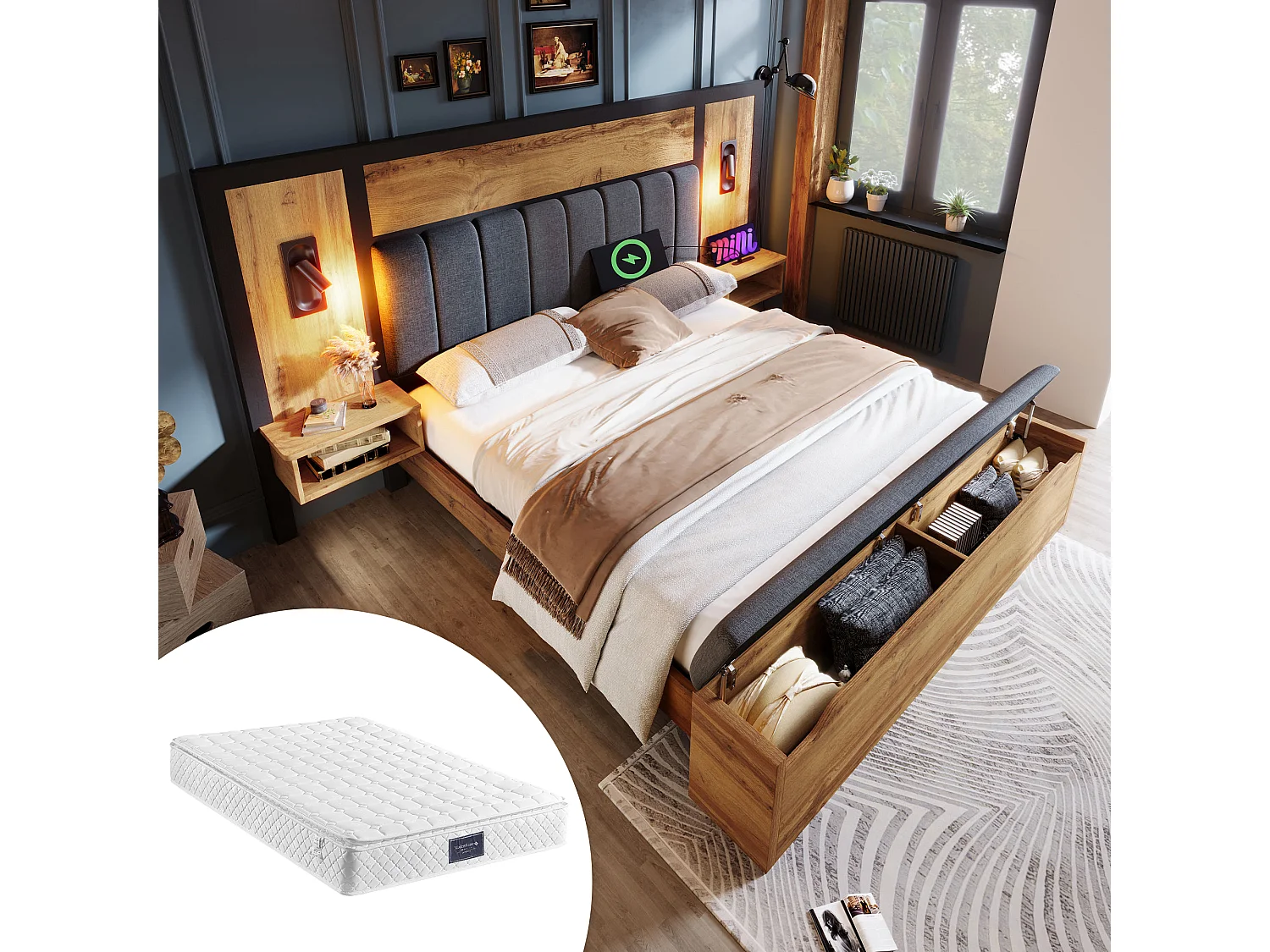 Lit tapissé 160x200 cm, lampe lecture, USB-C, table de chevet et banquette avec rangement, métal/bois/lin, chêne (Avec matelas)