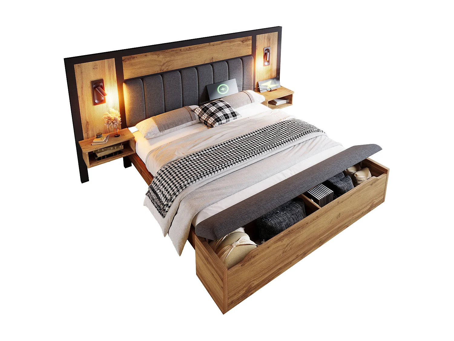 Lit tapissé 160x200 cm, lampe lecture, USB-C, table de chevet et banquette avec rangement, métal/bois/lin, chêne (Avec matelas)
