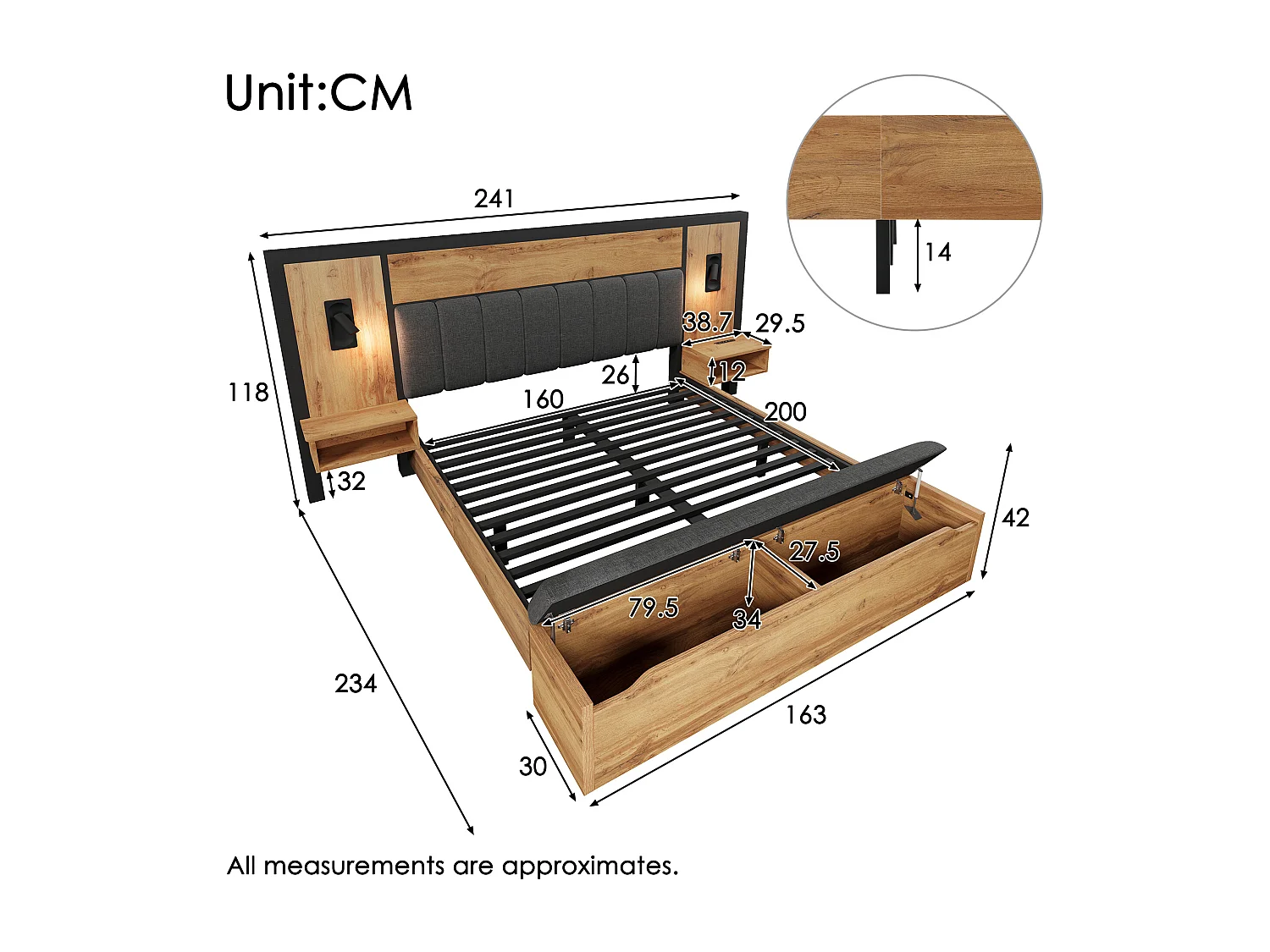 Lit tapissé 160x200 cm, lampe lecture, USB-C, table de chevet et banquette avec rangement, métal/bois/lin, chêne (Avec matelas)