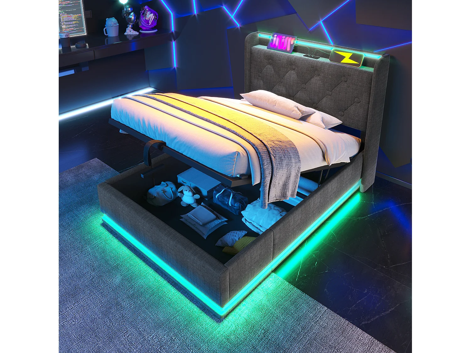 Lit tapissé 90x200 cm simple, LED 360° autour, télécommande/App, hydraulique, tête avec USB-C, tissu lin gris (Avec matelas)