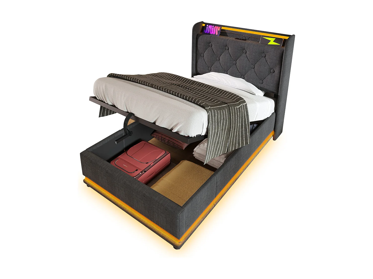 Lit tapissé 90x200 cm simple, LED 360° autour, télécommande/App, hydraulique, tête avec USB-C, tissu lin gris (Avec matelas)