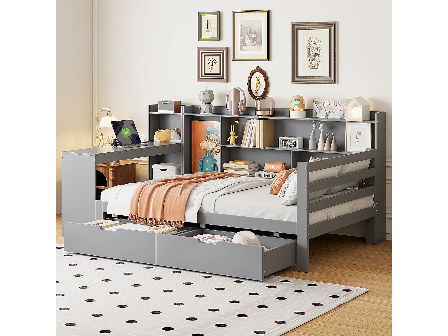 Lit canapé 90x200 cm en bois massif, avec bureau, étagères, prises et 2 grands rangements, multifonction, gris