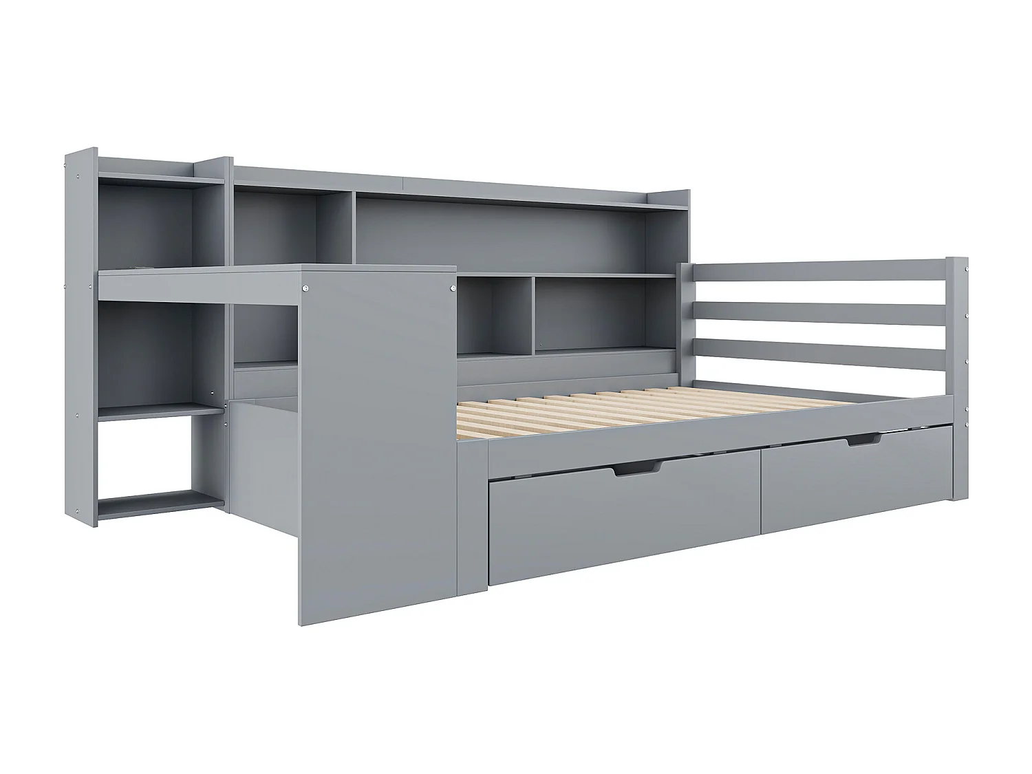 Lit canapé 90x200 cm en bois massif, avec bureau, étagères, prises et 2 grands rangements, multifonction, gris