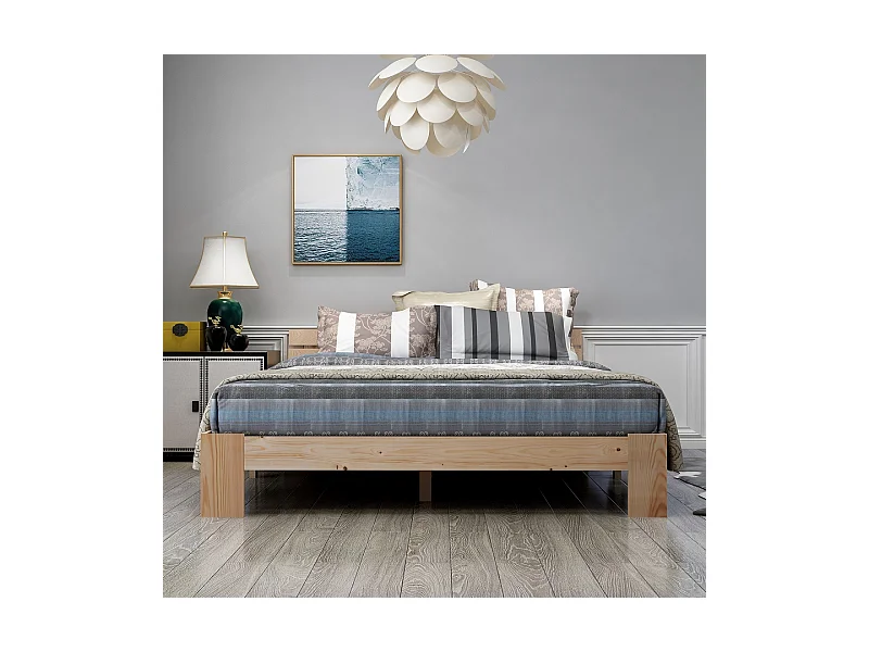 Lit double en bois massif 140×200 cm avec tête de lit et sommier, style pin naturel, robuste et élégant