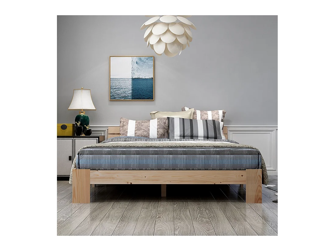 Lit double en bois massif 140×200 cm avec tête de lit et sommier, style pin naturel, robuste et élégant
