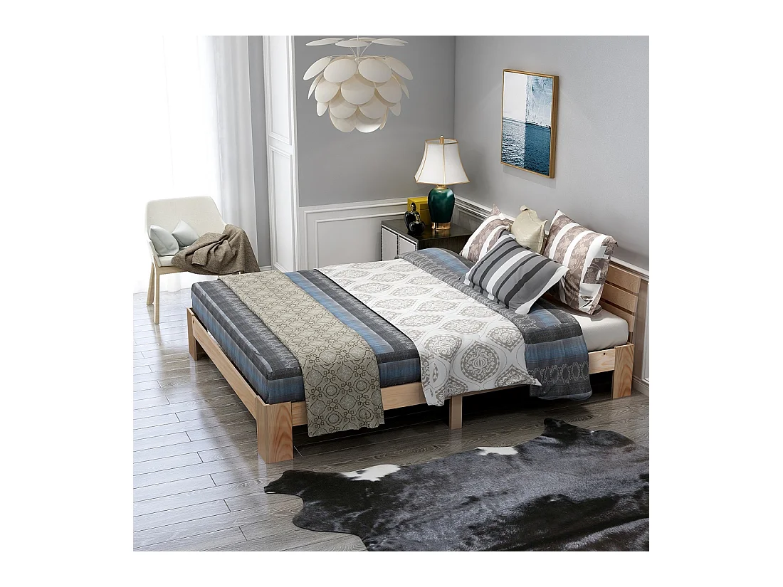 Lit double en bois massif 140×200 cm avec tête de lit et sommier, style pin naturel, robuste et élégant