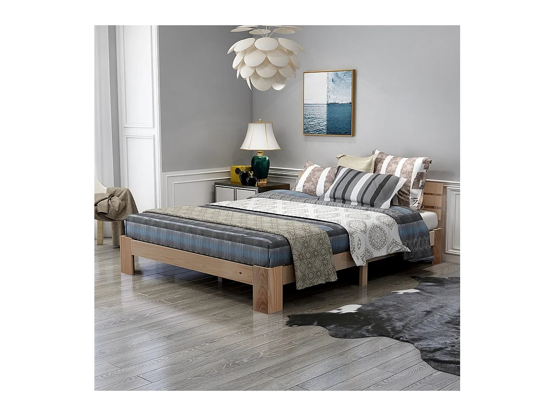 Lit double en bois massif 140×200 cm avec tête de lit et sommier, style pin naturel, robuste et élégant