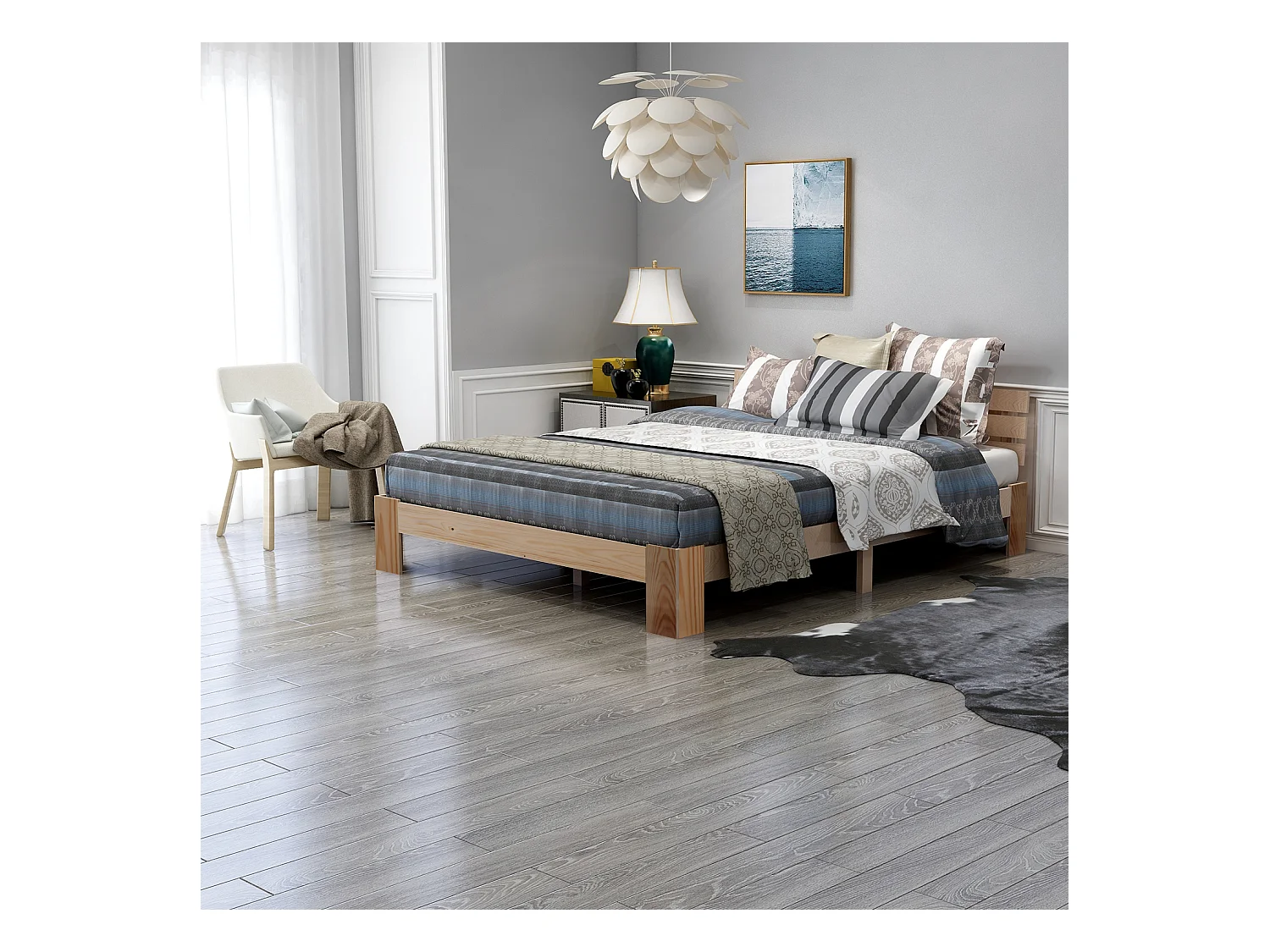 Lit double en bois massif 140×200 cm avec tête de lit et sommier, style pin naturel, robuste et élégant