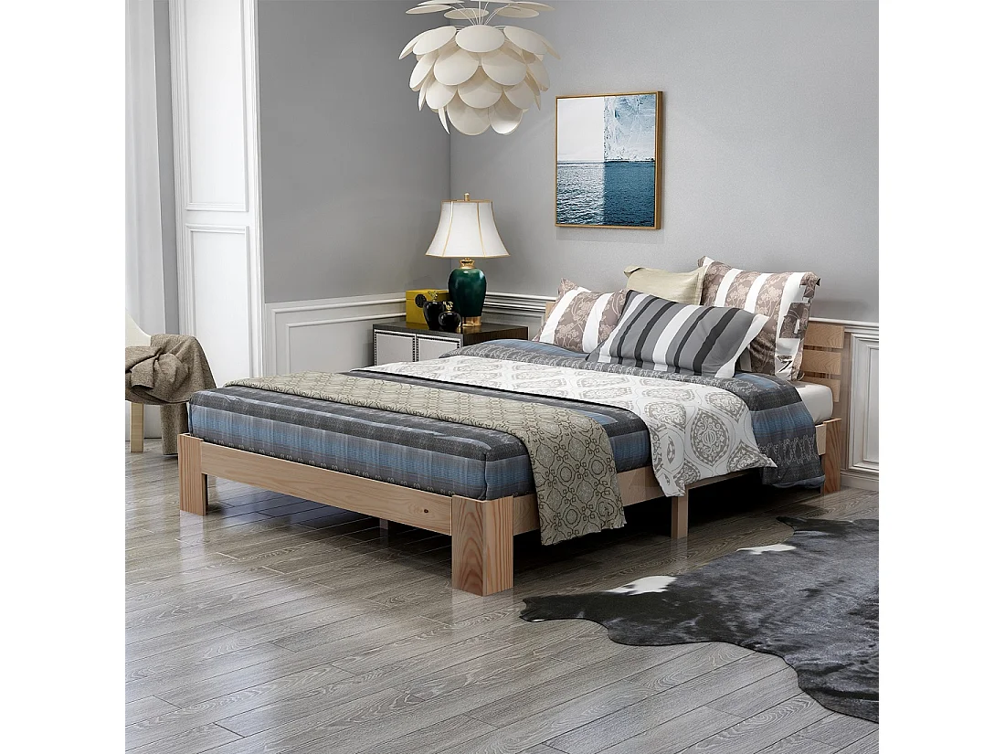 Lit double en bois massif 140×200 cm avec tête de lit et sommier, style pin naturel, robuste et élégant