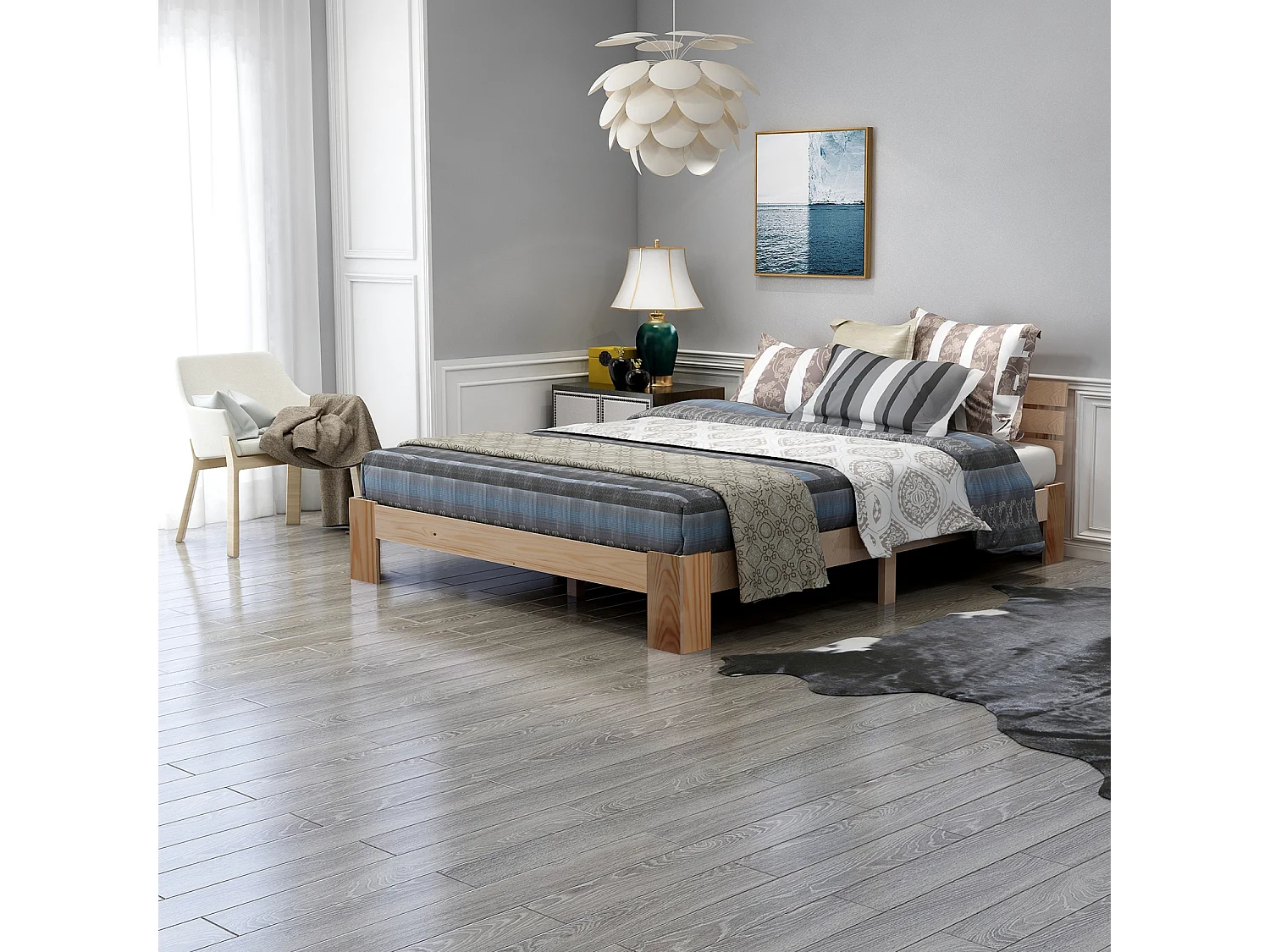 Lit double en bois massif 140×200 cm avec tête de lit et sommier, style pin naturel, robuste et élégant