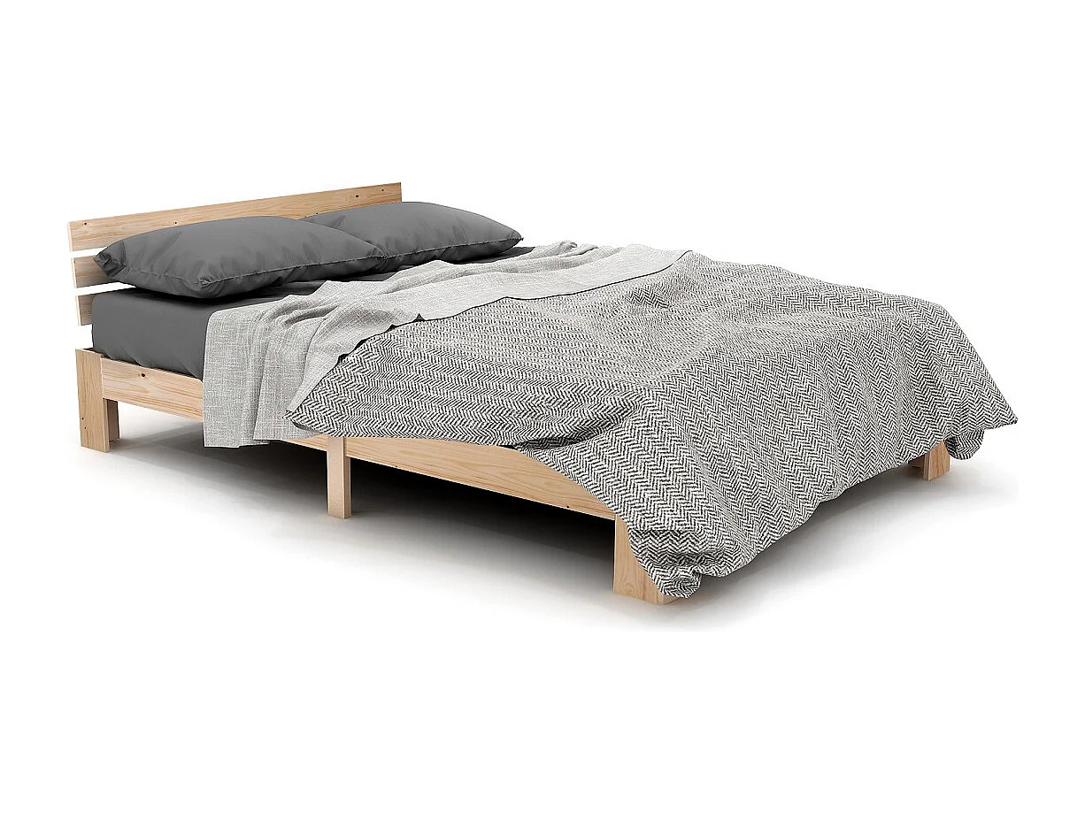 Lit double en bois massif 140×200 cm avec tête de lit et sommier, style pin naturel, robuste et élégant