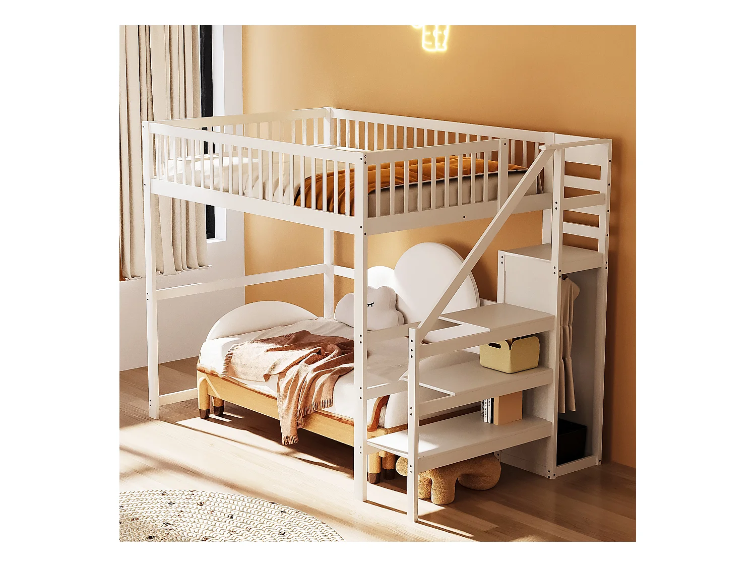 Lit mezzanine 140x200 cm avec échelle, lit enfant en bois avec étagère et petit placard, blanc