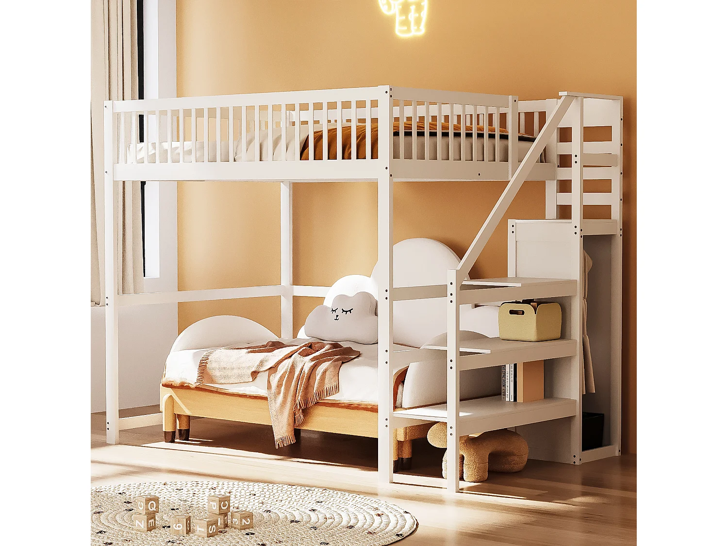Lit mezzanine 140x200 cm avec échelle, lit enfant en bois avec étagère et petit placard, blanc
