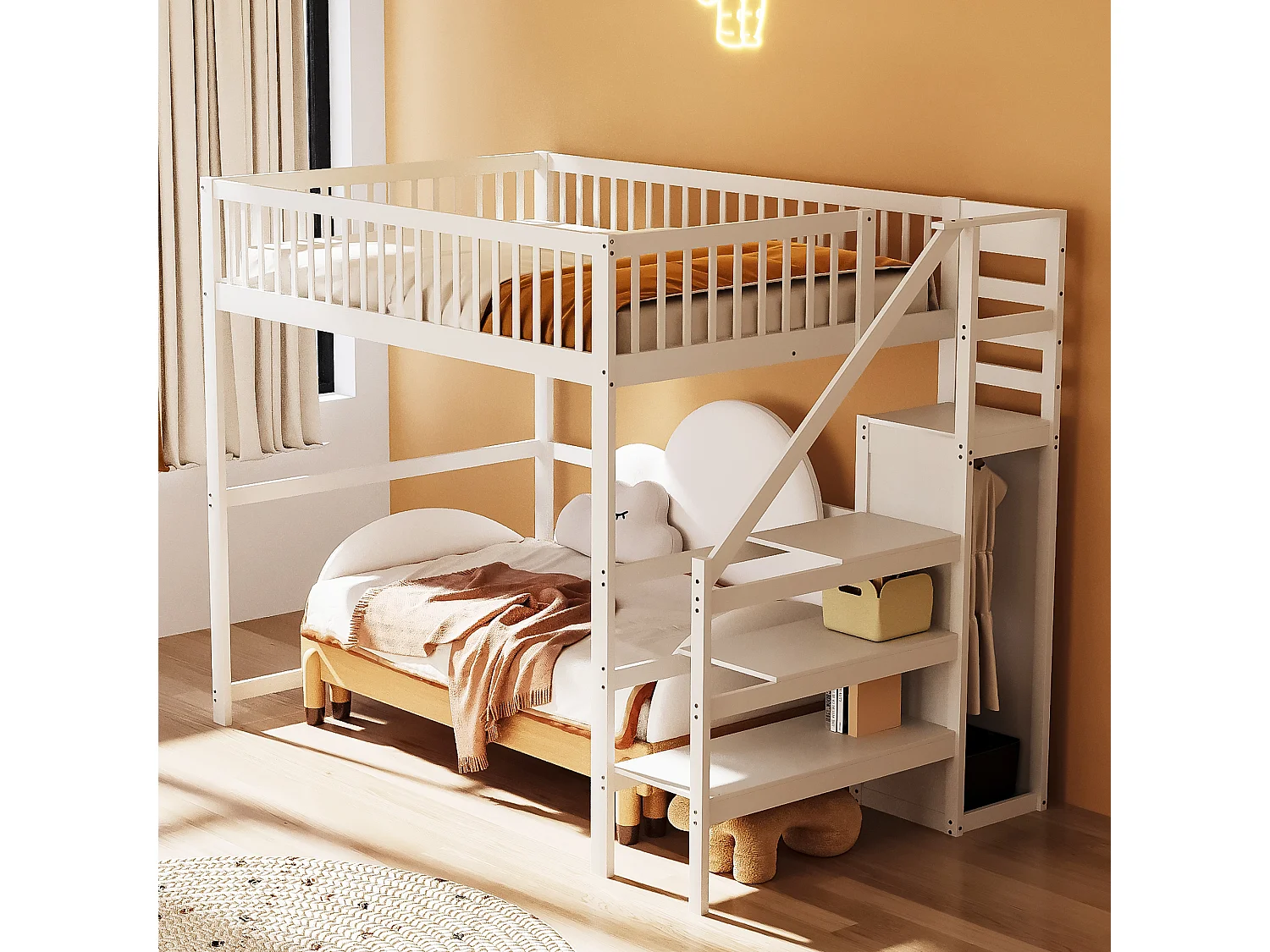 Lit mezzanine 140x200 cm avec échelle, lit enfant en bois avec étagère et petit placard, blanc