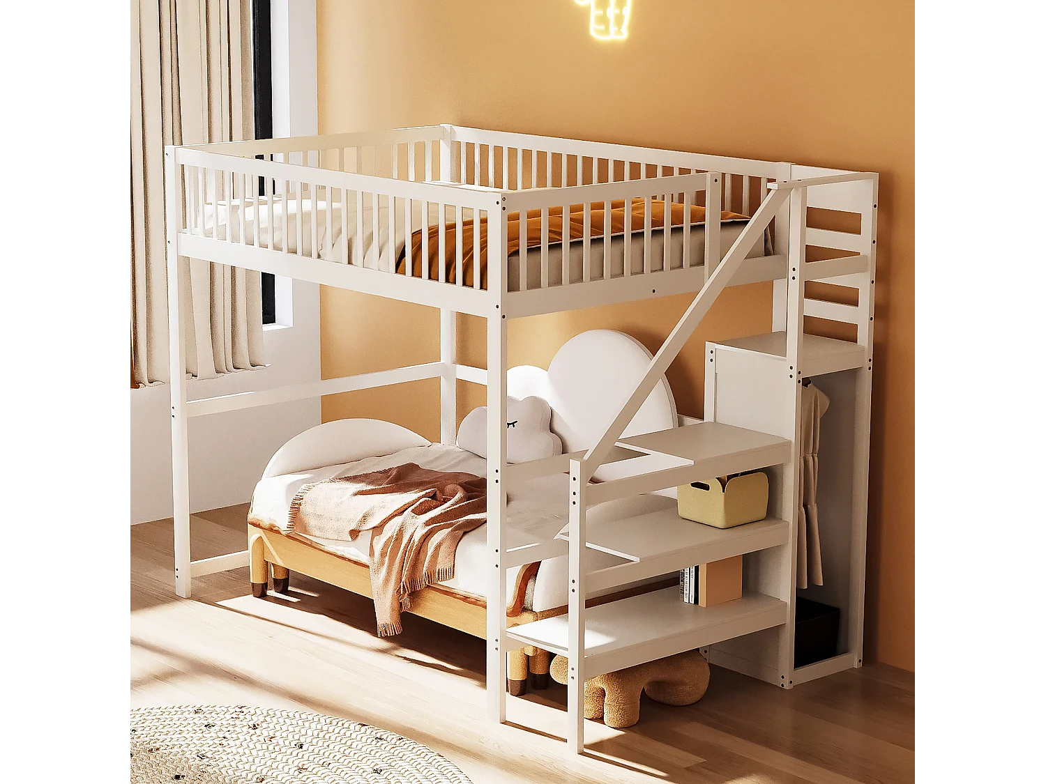 Lit mezzanine 140x200 cm avec échelle, lit enfant en bois avec étagère et petit placard, blanc
