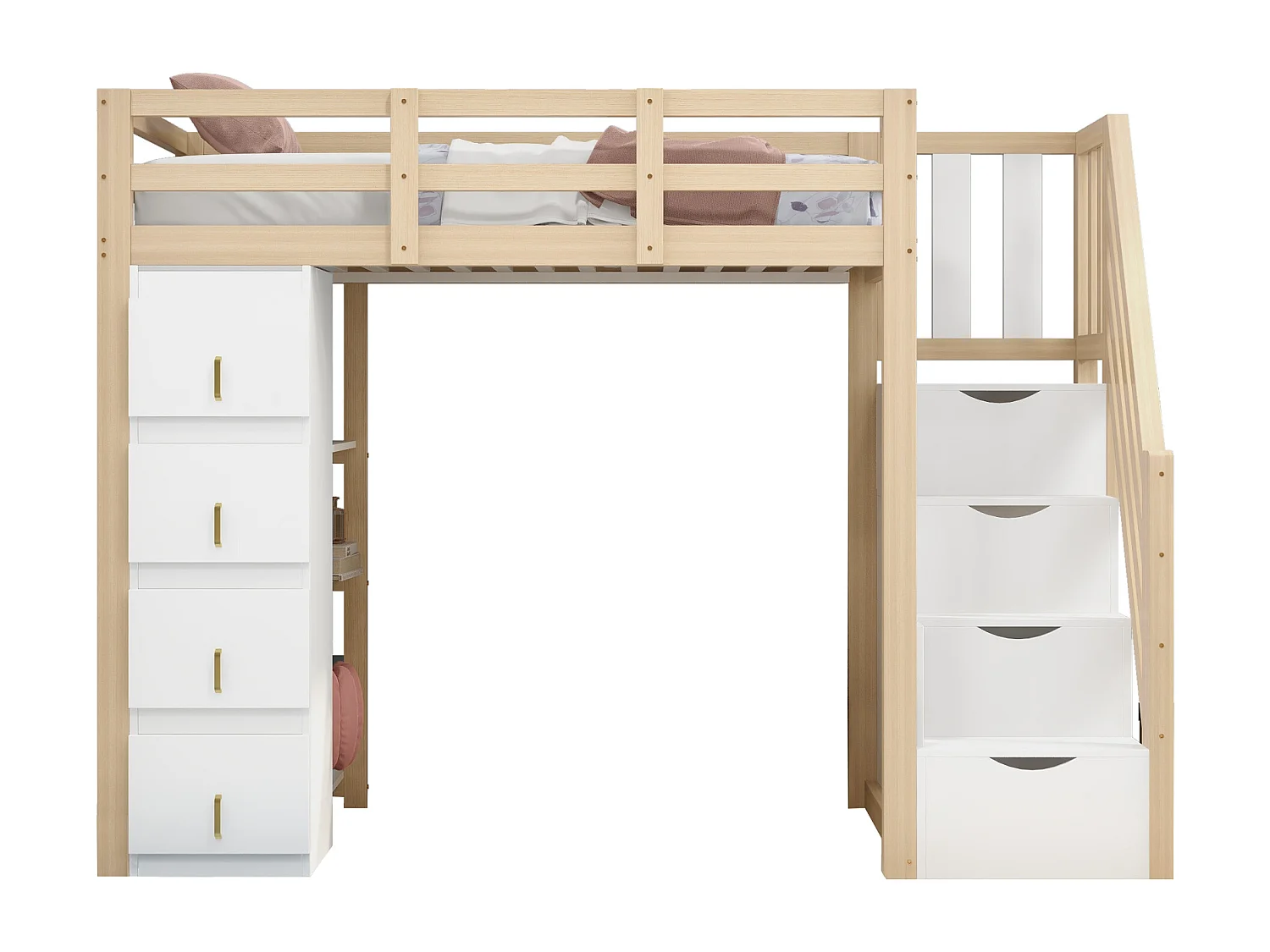 Lit mezzanine 90x200 cm en bois naturel, avec tiroirs, étagères et échelle de rangement, structure en pin massif