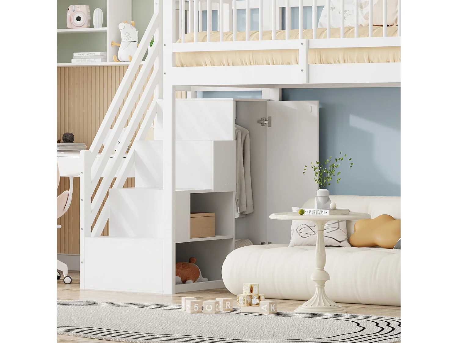 Lit mezzanine 90x200 cm en bois massif blanc avec garde-corps haut, armoire, étagères et échelle sûre