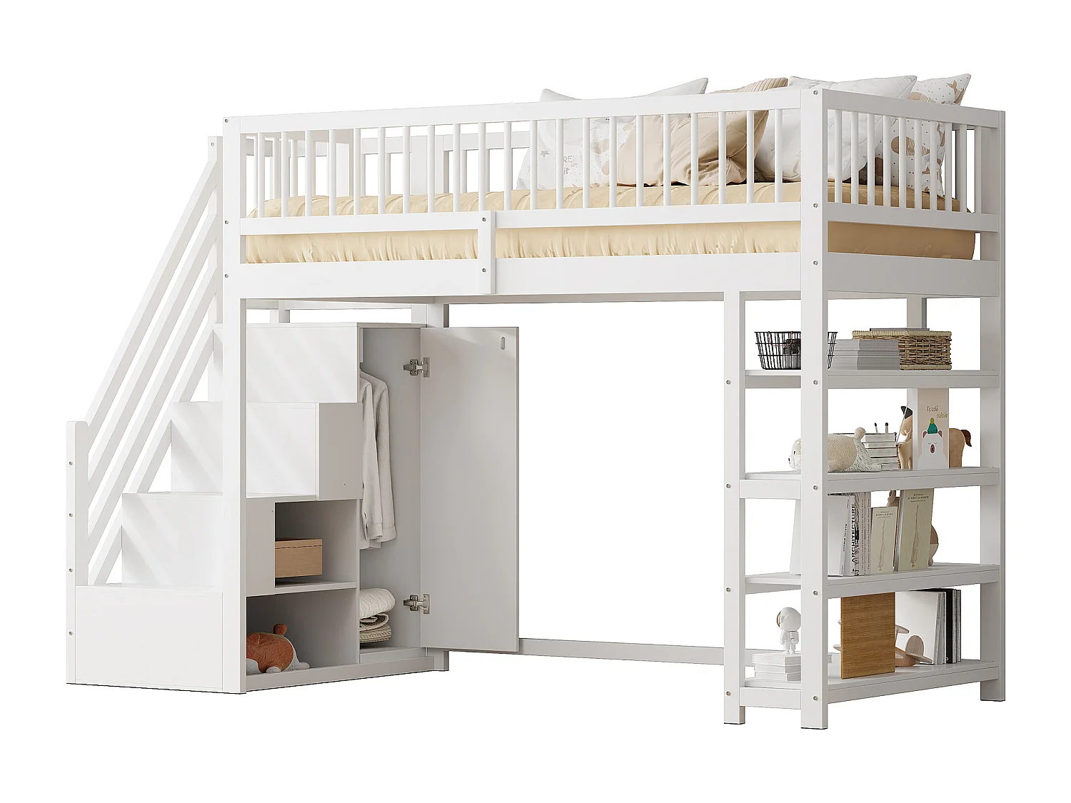 Lit mezzanine 90x200 cm en bois massif blanc avec garde-corps haut, armoire, étagères et échelle sûre