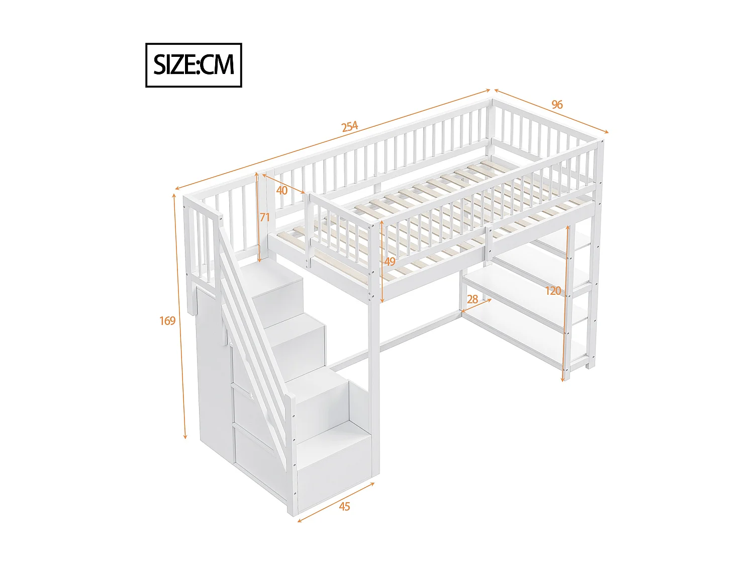 Lit mezzanine 90x200 cm en bois massif blanc avec garde-corps haut, armoire, étagères et échelle sûre