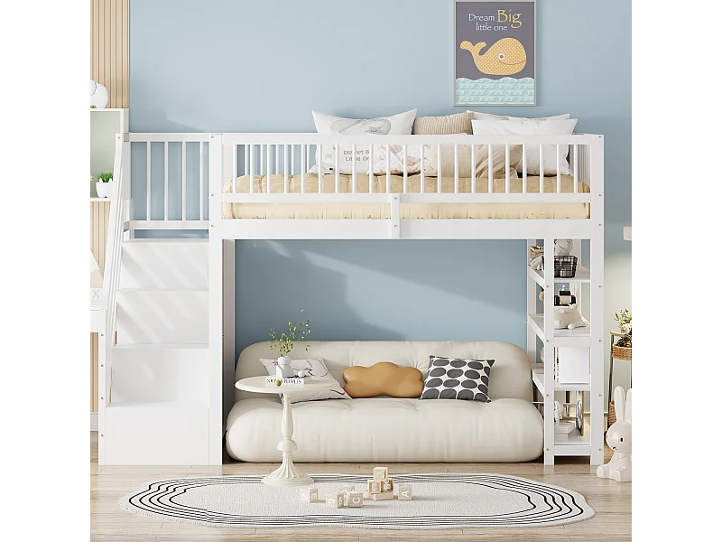 Lit mezzanine 90x200 cm en bois massif blanc avec garde-corps haut, armoire, étagères et échelle sûre
