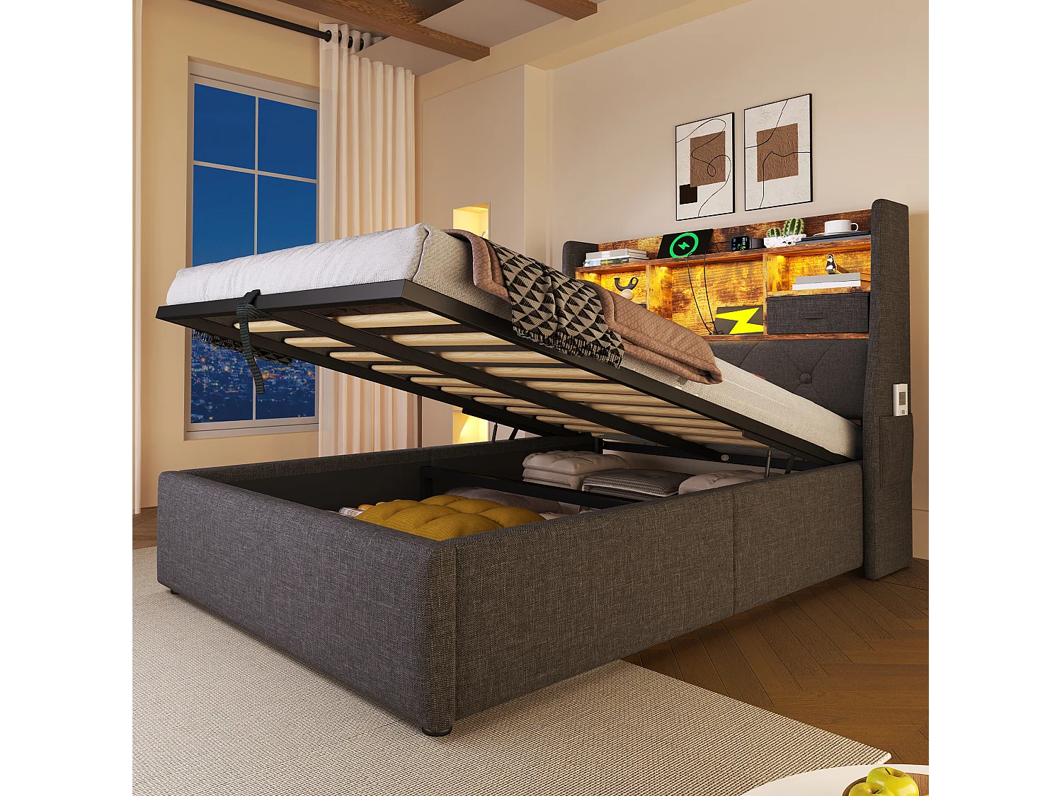 Lit coffre 90x200 cm avec rangement hydraulique, LED, 4 ports USB/Type-C, tissu lin gris (Avec matelas)