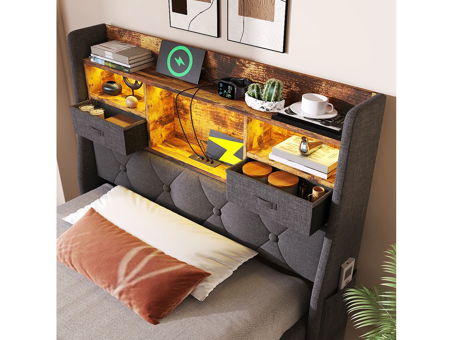 Lit coffre 90x200 cm avec rangement hydraulique, LED, 4 ports USB/Type-C, tissu lin gris (Avec matelas)