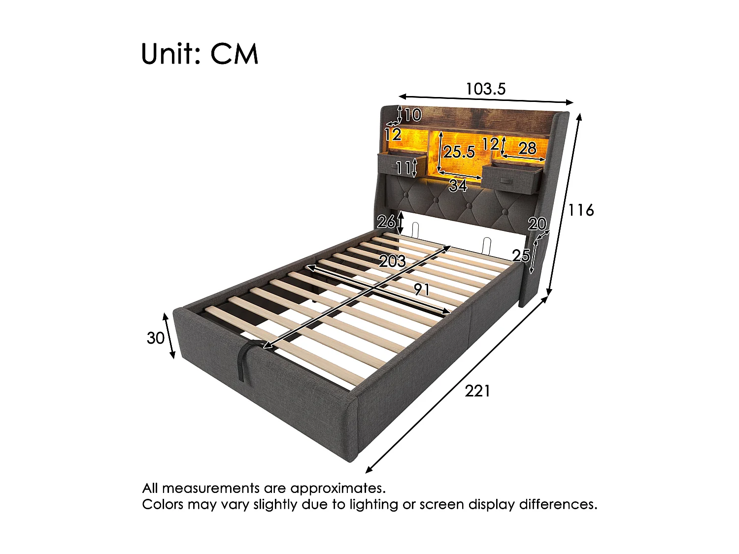 Lit coffre 90x200 cm avec rangement hydraulique, LED, 4 ports USB/Type-C, tissu lin gris (Avec matelas)