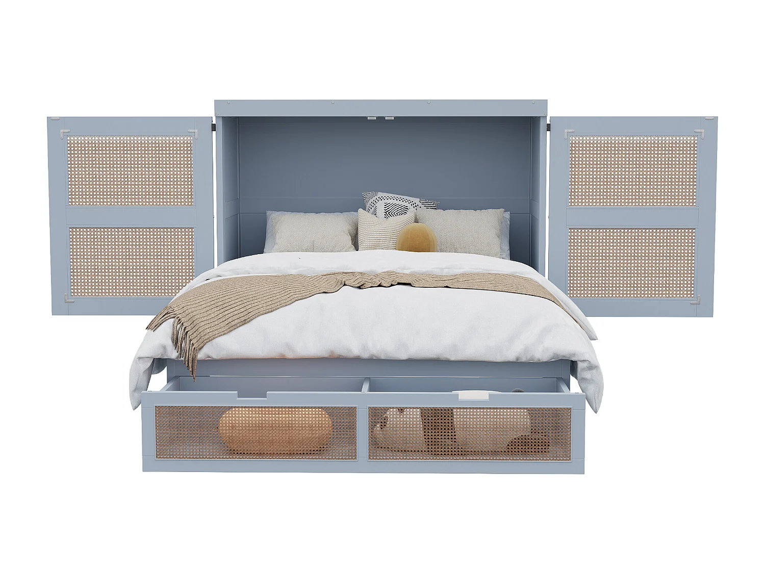 Lit escamotable 140x200 cm gris, avec tiroirs de rangement, style rotin, lit mural avec cadre en bois