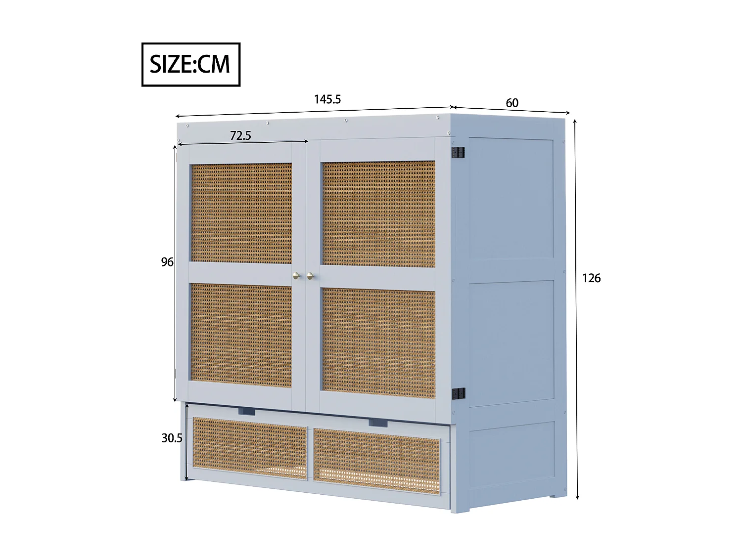 Lit escamotable 140x200 cm gris, avec tiroirs de rangement, style rotin, lit mural avec cadre en bois
