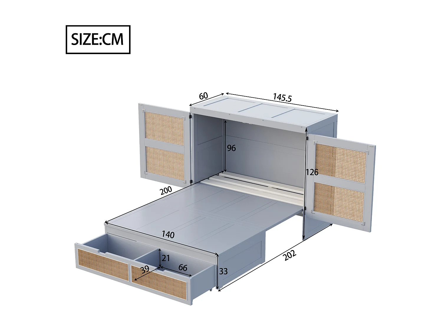 Lit escamotable 140x200 cm gris, avec tiroirs de rangement, style rotin, lit mural avec cadre en bois