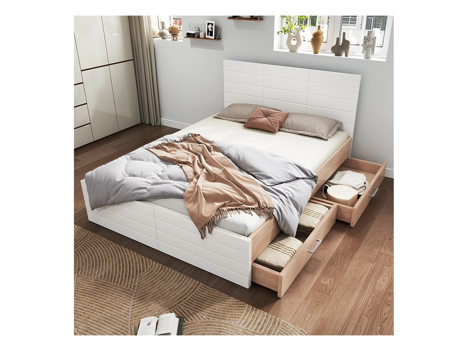 Lit double en bois 140×200 cm avec 2 tiroirs, structure et sommier inclus, style moderne chêne/blanc