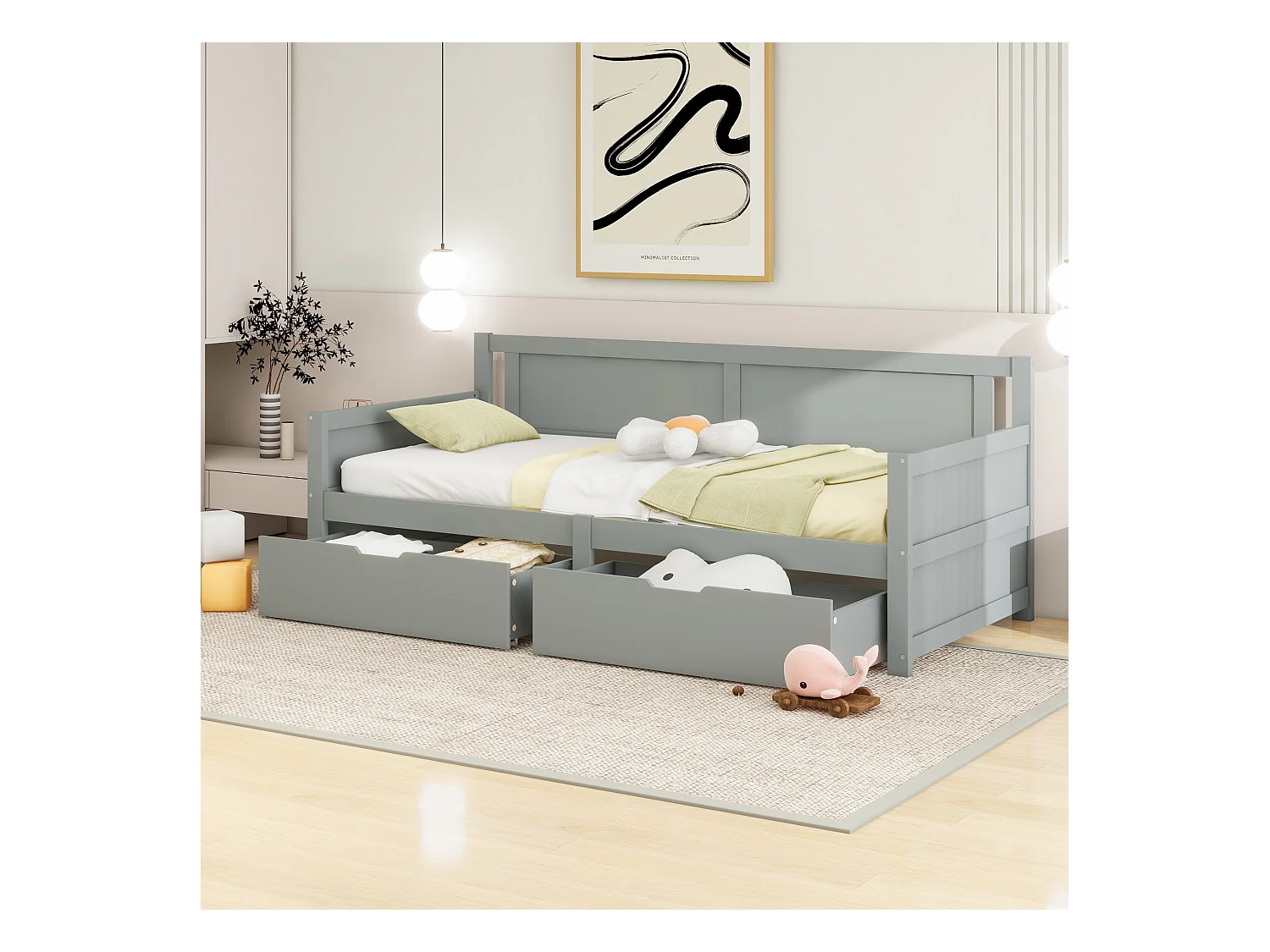 Canapé-lit 90x200 cm gris, lit simple avec deux rangements ouverts, cadre en bois massif durable