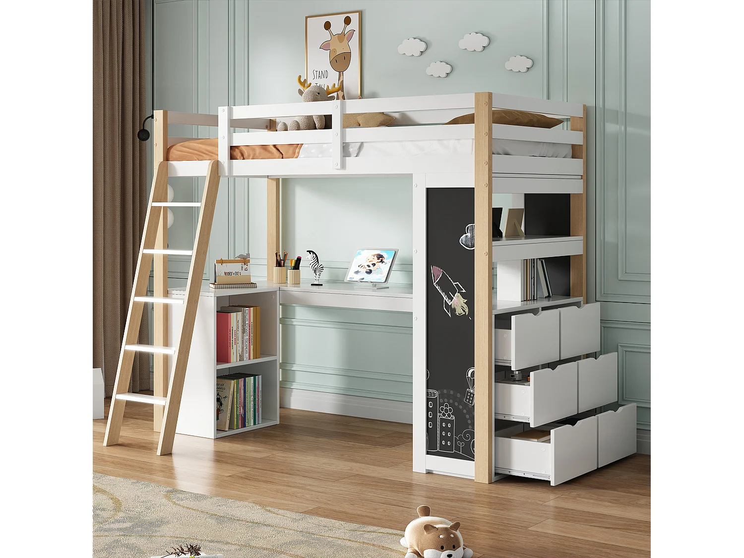 Lit mezzanine 90×200 cm blanc et bois naturel, avec bureau, échelle, grand tiroir, tableau et étagère, multifonction