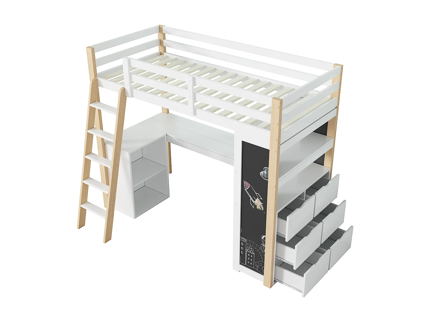 Lit mezzanine 90×200 cm blanc et bois naturel, avec bureau, échelle, grand tiroir, tableau et étagère, multifonction