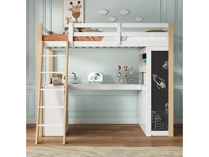 Lit mezzanine 90×200 cm blanc et bois naturel, avec bureau, échelle, grand tiroir, tableau et étagère, multifonction