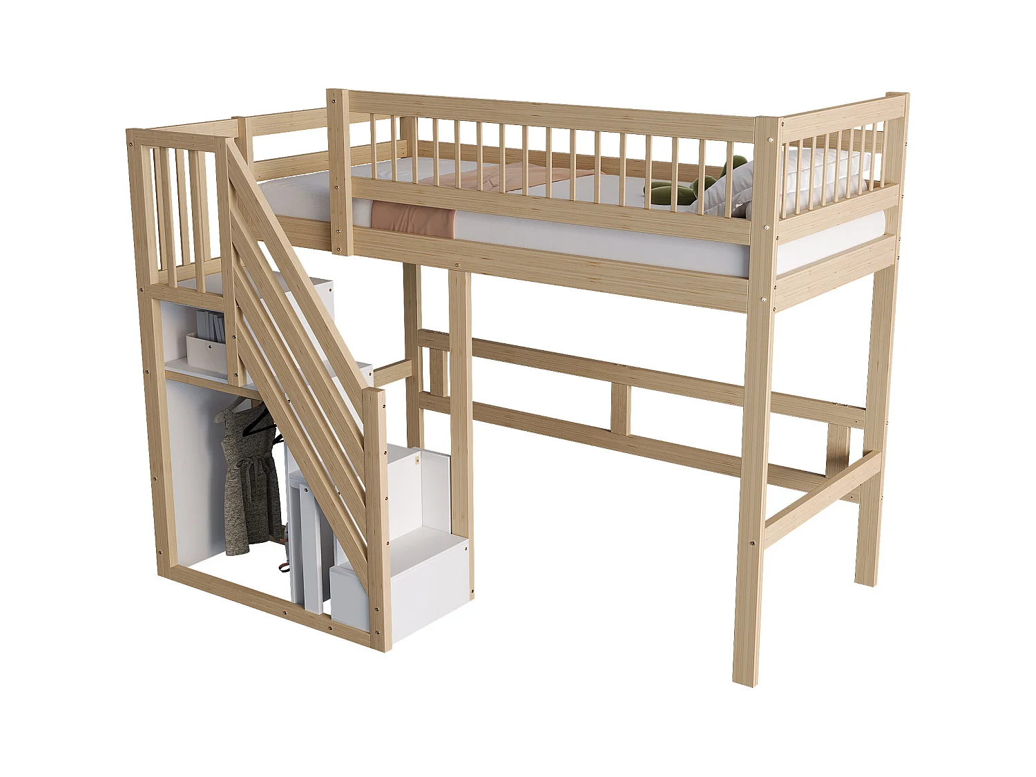 Lit en bois massif 90x200 cm couleur bois, avec escalier de rangement, structure haute, lit enfant robuste