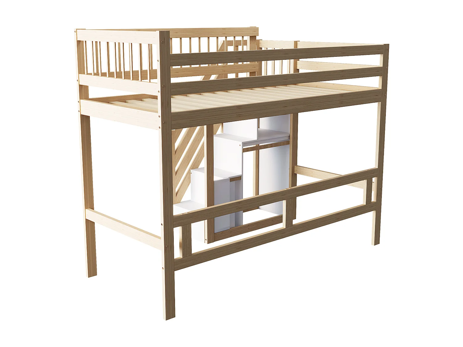 Lit en bois massif 90x200 cm couleur bois, avec escalier de rangement, structure haute, lit enfant robuste