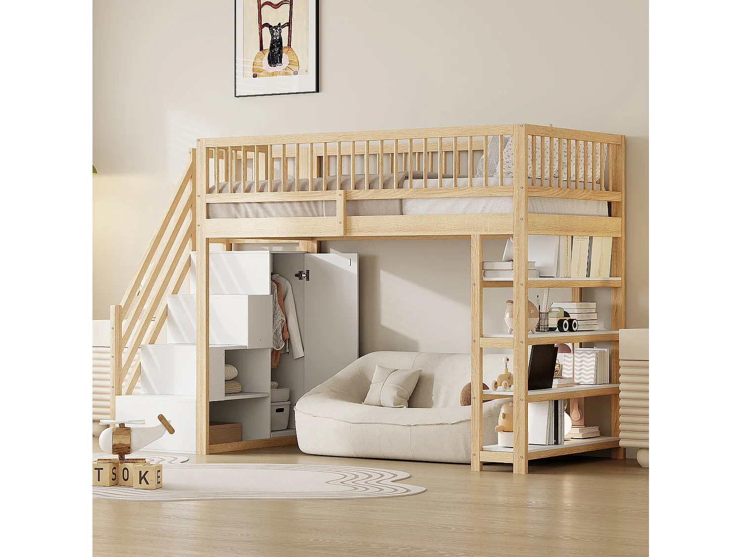 Lit mezzanine 90x200 cm en bois naturel avec échelle sécurisée, armoire et espace de rangement