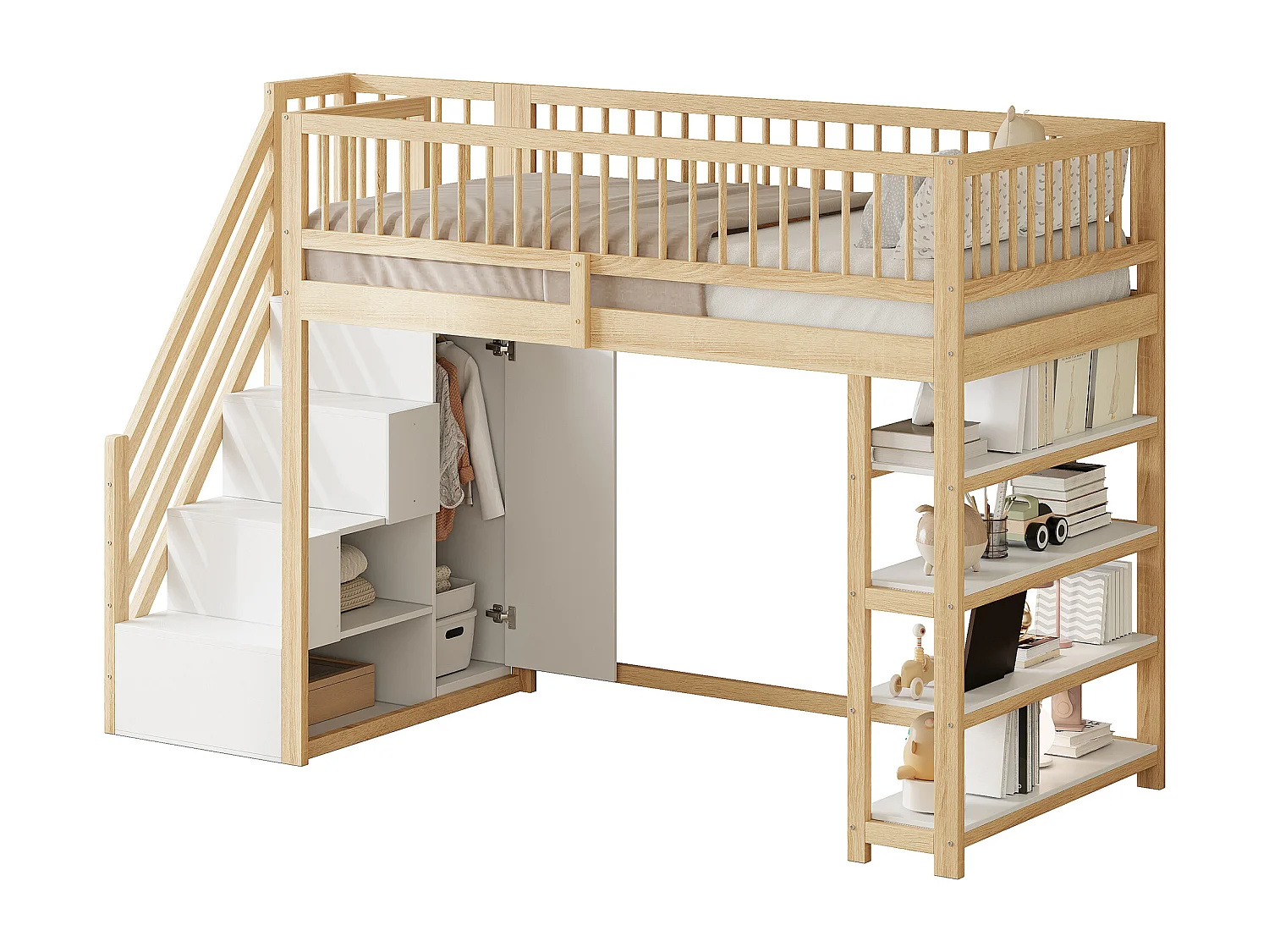 Lit mezzanine 90x200 cm en bois naturel avec échelle sécurisée, armoire et espace de rangement