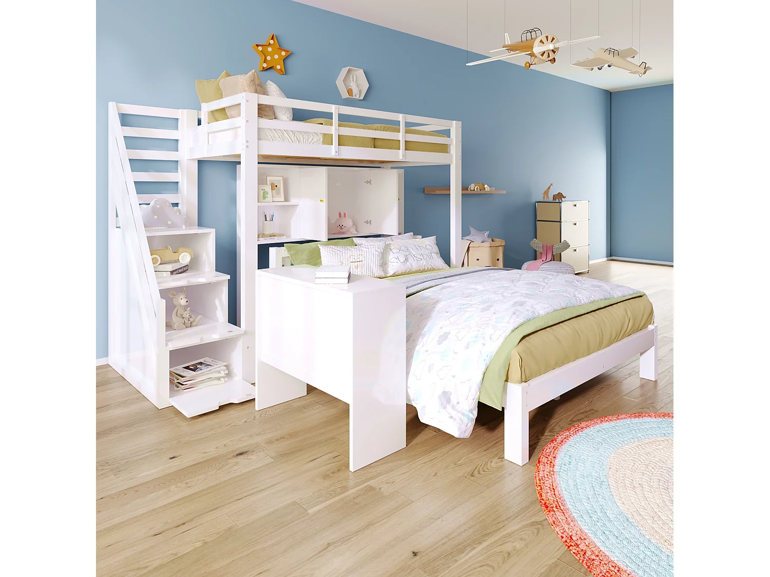 Lit superposé 90×200 cm + 140×200 cm blanc, avec escalier rangement, table d’appoint mobile et grandes niches